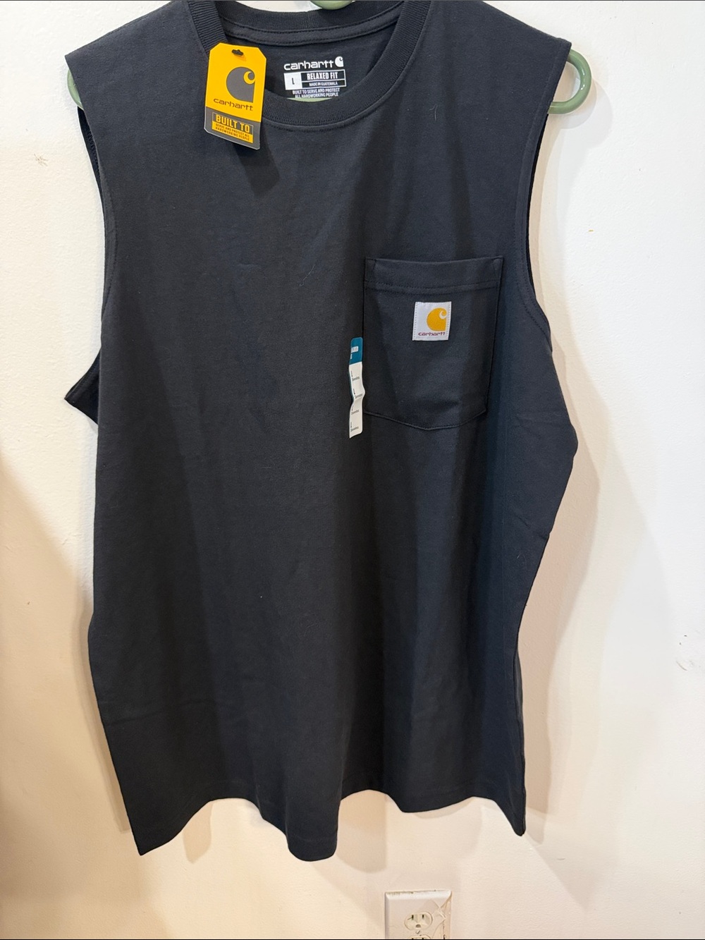 Carhartt Black Sleeveless Pocket Tee with Yellow Logo Tag